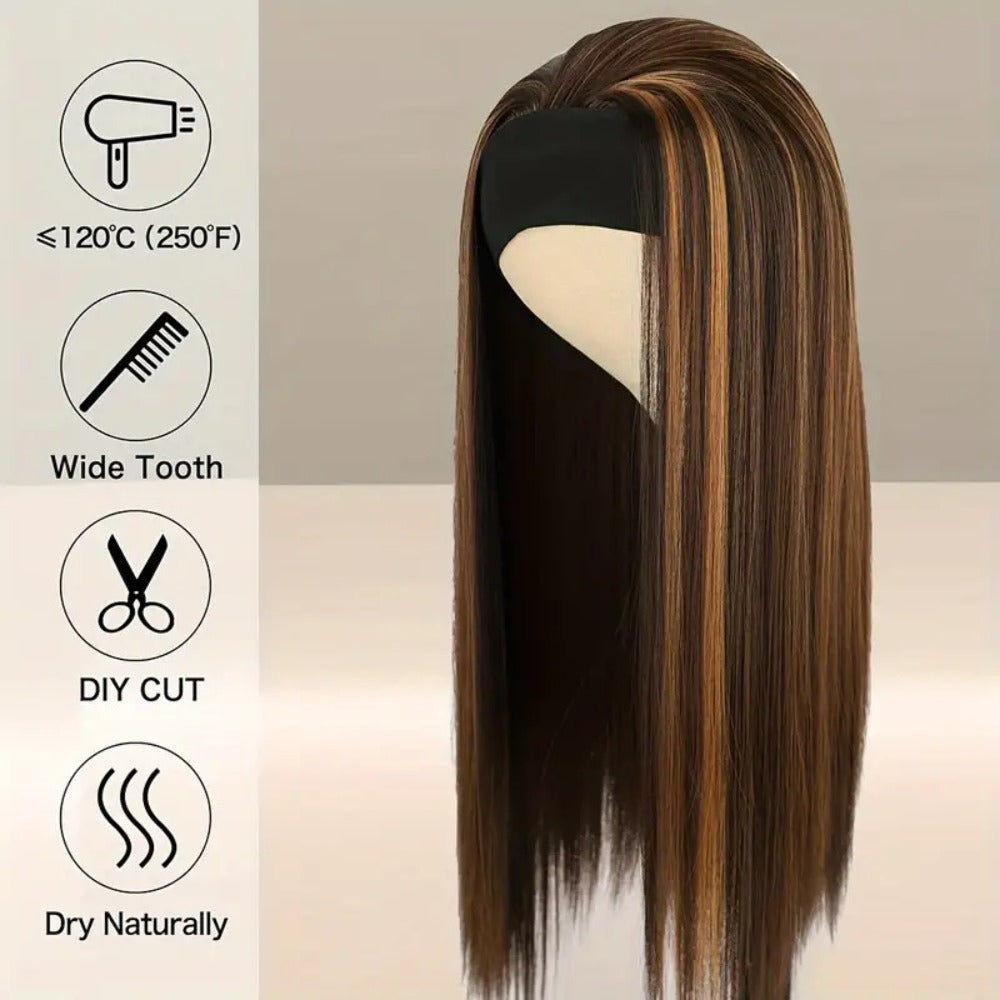 A 26-Inch Wig with Headband, Long Straight Headband, Integrated Natural Fashion Brown Golden Mixed Color Women'S Headband, Suitable for Daily Role-Playing, Halloween, Holiday Parties, Stage Performances, And Fashion Events