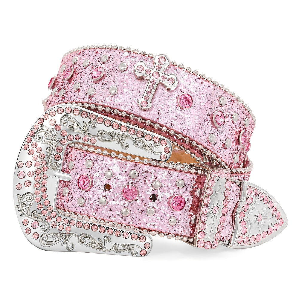 1pc WHIPPY PU Leather Belt Suitable for Men & Women - Rhinestone Studded Punk Carved Buckle Belt with Sky Rhinestone Carvings, Unisex Western Festival Accessories, Hip-Hop Belt for Costumes, Parties, Daily Wear