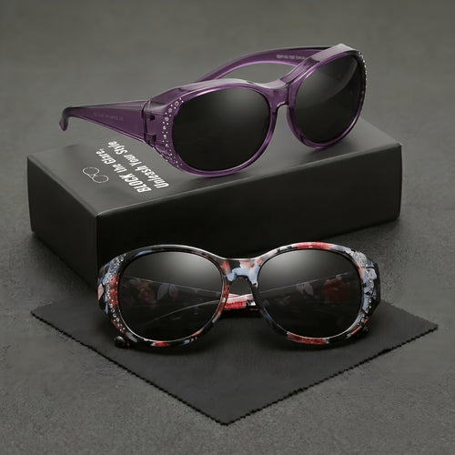 Polarized Fit Over Glasses for Women 2 Pack, Rhinestone Accent Wraparound Sunglasses Over Prescription Eyeglasses, UV Protection Glare Reduction Fashion Sunglasses — No Adapter Needed, Multiple Color Combos
