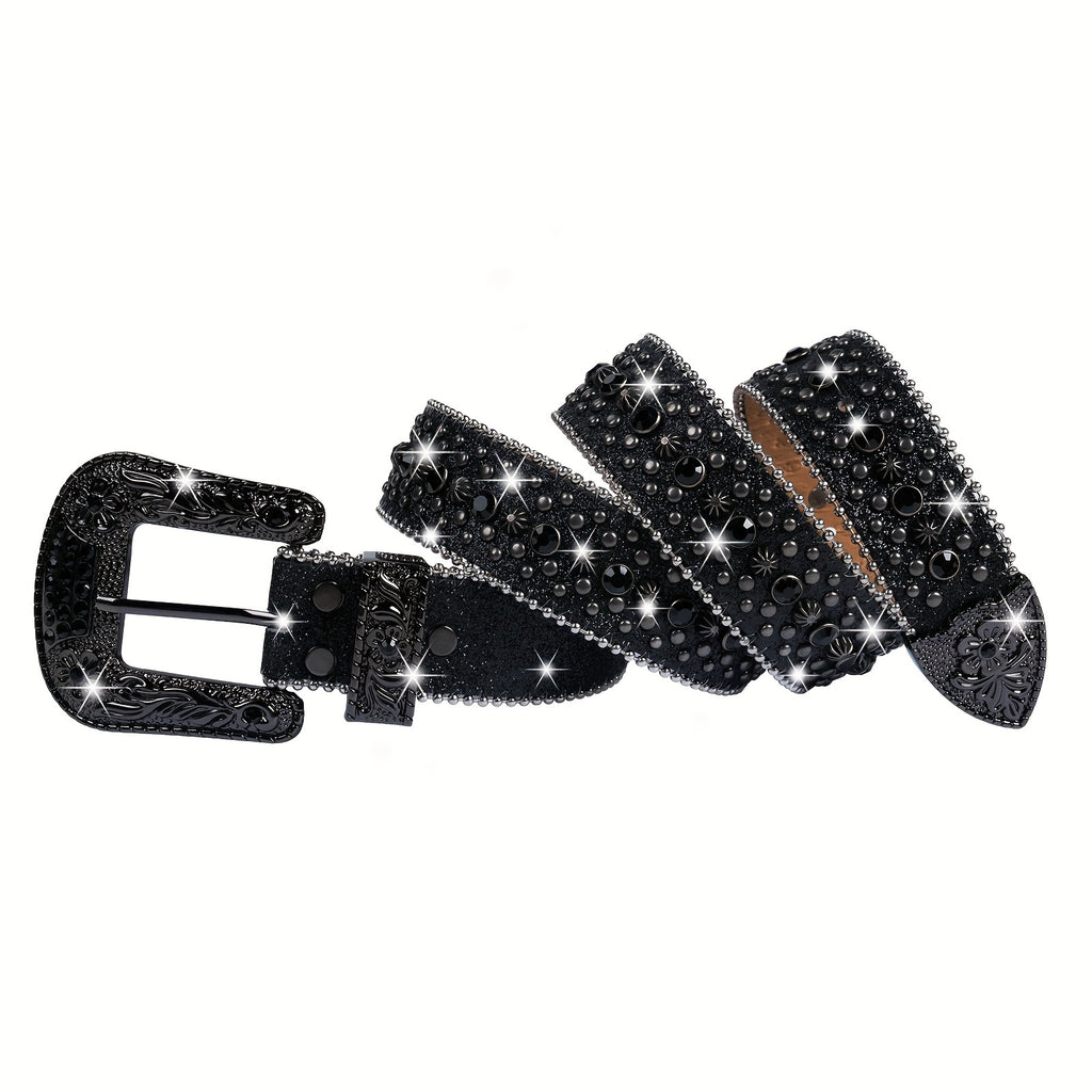 Bling Bling Belt with Skulls, Black Belt for Jeans Pants Dress, Buckle Closure Belt for Men&Women, Western Cowgirl &Cowboy