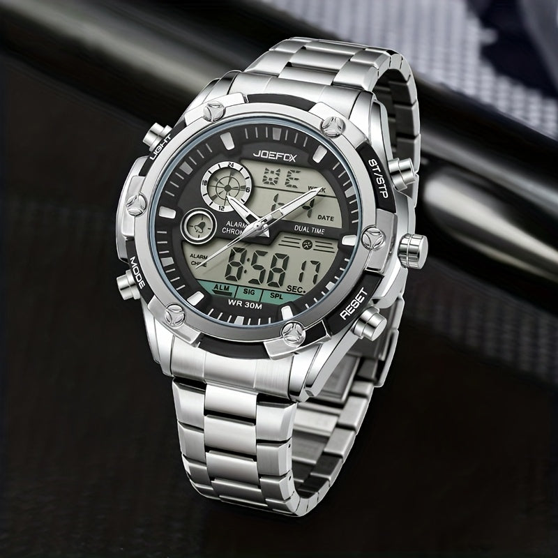 [Sport Wristwatch For Men] JOEFOX Men's Large Display Digital Watch - Stainless Steel Band, LED Backlight, 3ATM Waterproof, Chronograph, Alarm, Modern Sport Wristwatch For Men
