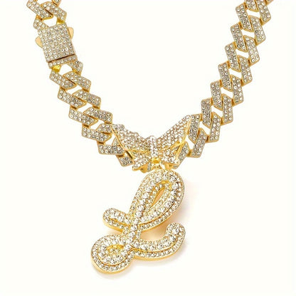 Cuban Link Chain Necklace - Initial Letter for Men Women - with Butterfly Alphabet Pendant A-Z, Gold & - product detail view