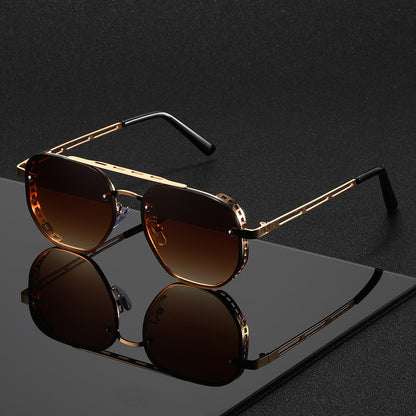 Retro Punk Sunglasses Oversized Round - Hollow Gold Metal Frame Gradient Lens for Men Women, Adjustable Nose Pads Fashion Eyewear for Driving Street Photography, Bold Statement Glasses All Season