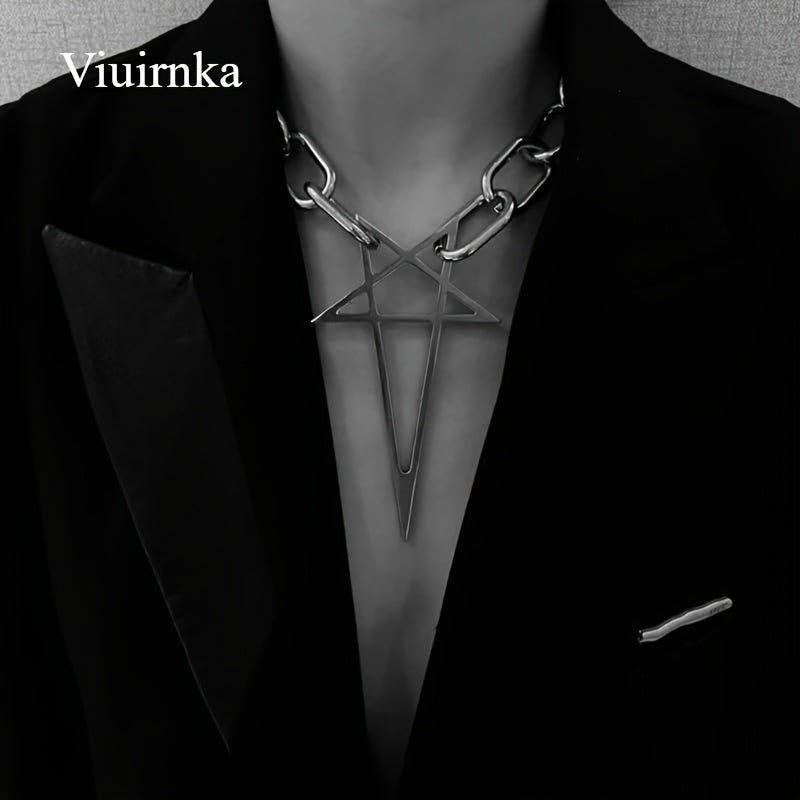 Punk Hip-Hop Rock Silvery Chunky Thick Lock Choker Chain Necklace - Unisex Five-pointed Star Design for Men and Women, Stylish & Chic, Trendy Fashion Accessories, Perfect Gift Option