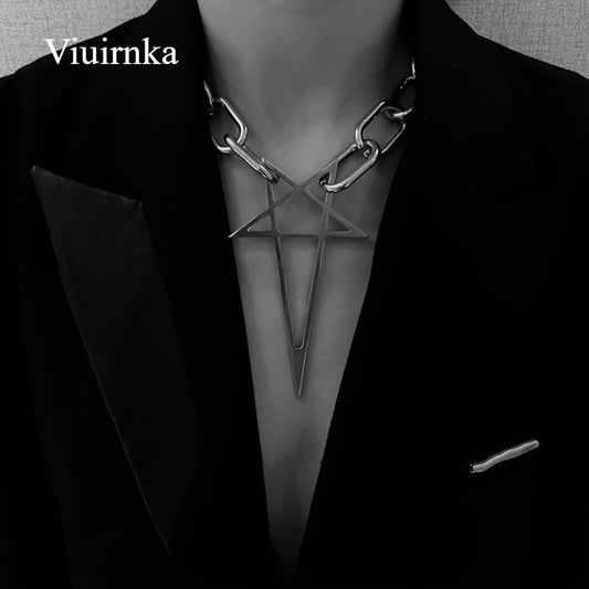Punk Hip-Hop Rock Silvery Chunky Thick Lock Choker Chain Necklace - Unisex Five-pointed Star Design for Men and Women, Stylish & Chic, Trendy Fashion Accessories, Perfect Gift Option
