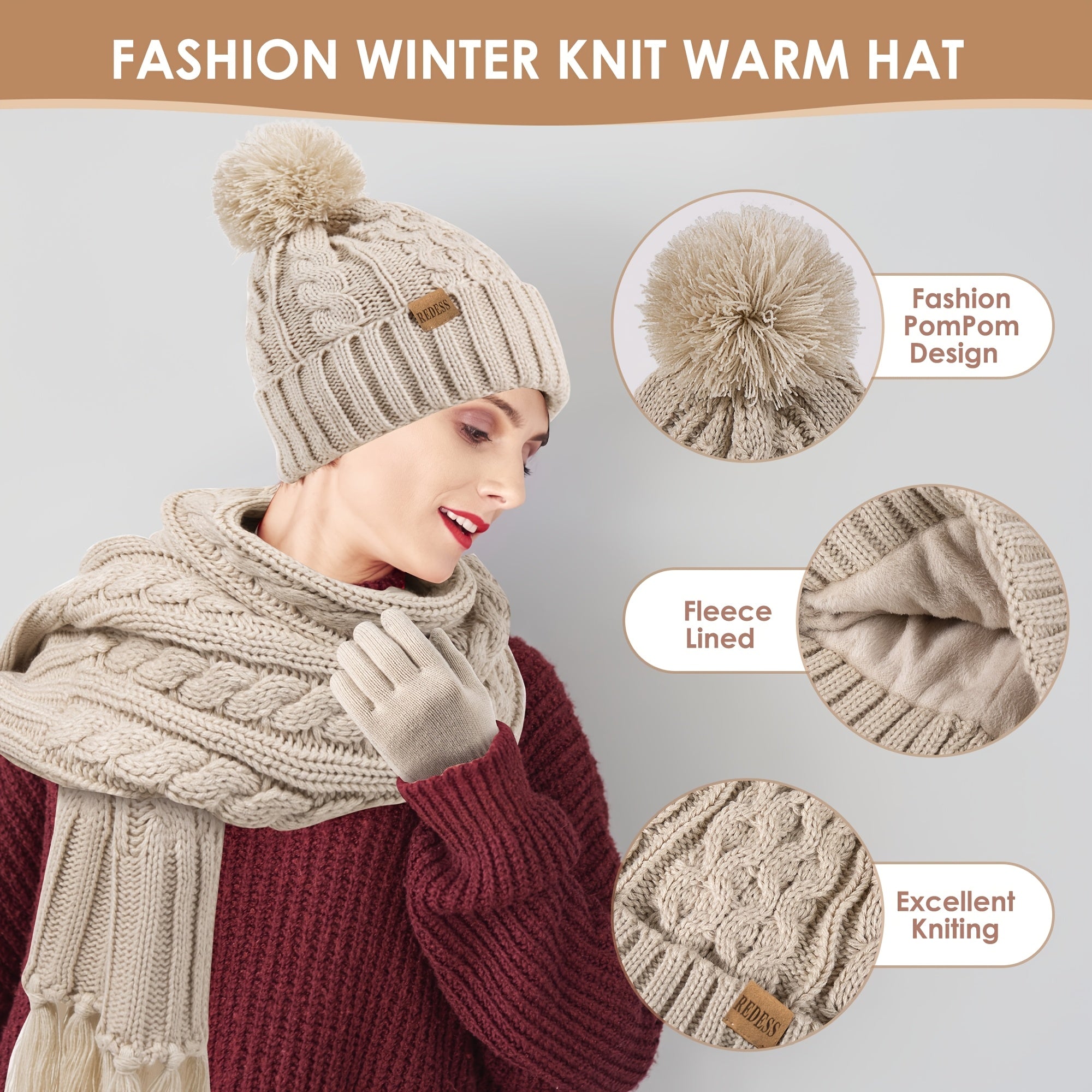 Winter Warm Hat Scarf Cap Gloves Set New Year Gift for Women, Valentine's Day Gift, Winter Clothing