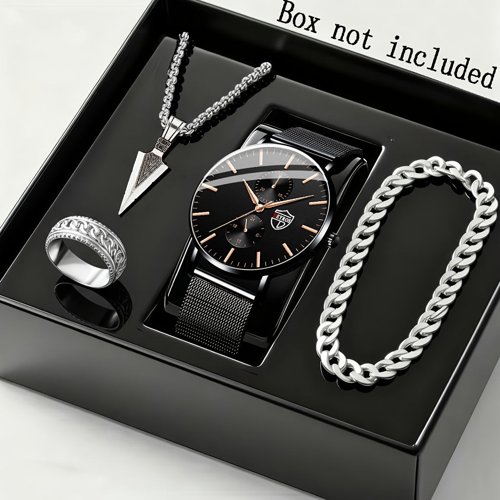 Men's Quartz Watch & Bracelet Set | 4-Piece Elegant Gift Set with Alloy Case, Round Dial – Sports, Casual & Business Style in Silver, Rose Gold & Black
