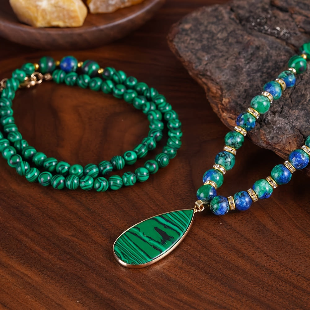 Malachite Necklace Set 2Pcs - Natural Stone Beads Lapis Lazuli Wealth Necklace, Handmade Vintage Boho Adjustable Stackable Jewelry, Attracts Fortune & Abundance, Unisex Daily Wear & Gift