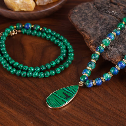 Malachite Necklace Set 2Pcs - Natural Stone Beads Lapis Lazuli Wealth Necklace, Handmade Vintage Boho Adjustable Stackable Jewelry, Attracts Fortune & Abundance, Unisex Daily Wear & Gift