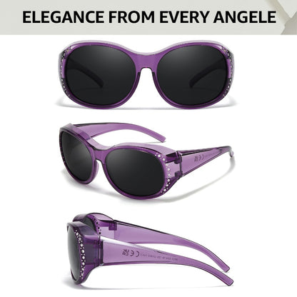Polarized Fit Over Glasses for Women 2 Pack, Rhinestone Accent Wraparound Sunglasses Over Prescription Eyeglasses, UV Protection Glare Reduction Fashion Sunglasses — No Adapter Needed, Multiple Color Combos