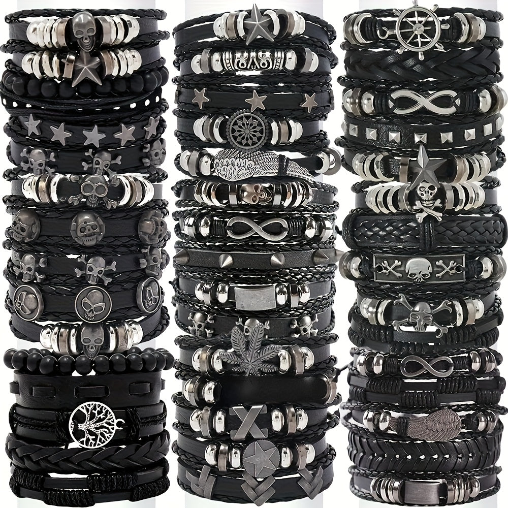Punk Hip Hop Bracelet Set 10/20/30Pcs – Stainless Steel Multi-Layer Black Bracelets with Skull Cross Star Infinity Symbols, Vintage Stackable Jewelry Gift for Teens Halloween Graduation
