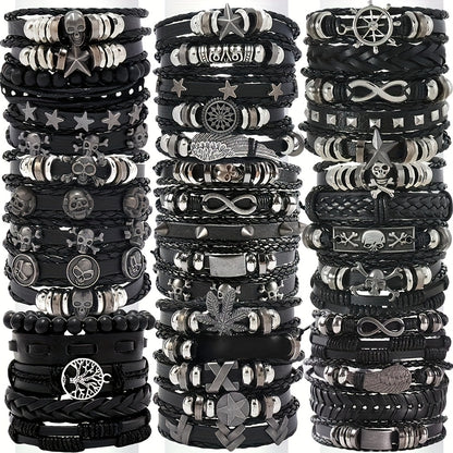 Punk Hip Hop Bracelet Set 10/20/30Pcs – Stainless Steel Multi-Layer Black Bracelets with Skull Cross Star Infinity Symbols, Vintage Stackable Jewelry Gift for Teens Halloween Graduation