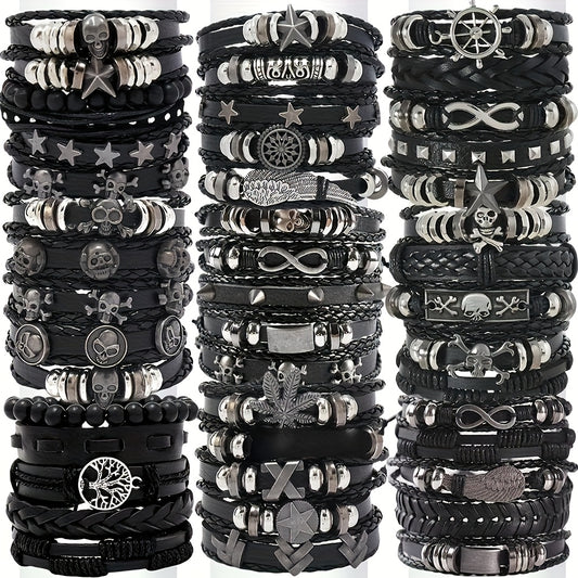 Punk Hip Hop Bracelet Set 10/20/30Pcs – Stainless Steel Multi-Layer Black Bracelets with Skull Cross Star Infinity Symbols, Vintage Stackable Jewelry Gift for Teens Halloween Graduation