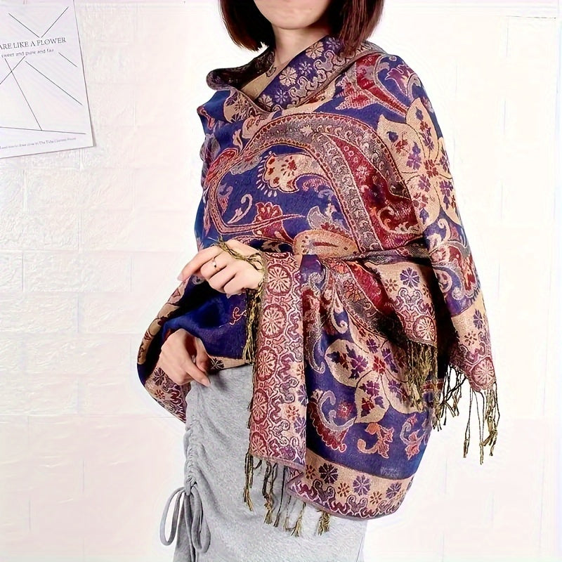 Brightly Colored Paisley Patterned Burgundy Scarf - Cozy, Warm, And Adaptable Neck Wrap Ideal for Travel, Music Festivals, And Daily Fashion - Ethnic-Inspired Shawl with Fringe Accents