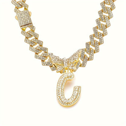 Cuban Link Chain Necklace - Initial Letter for Men Women - with Butterfly Alphabet Pendant A-Z, Gold & - product detail view