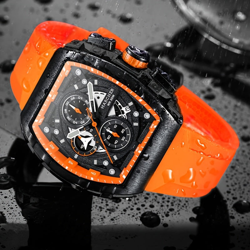 [Luxury Sport Watch] H Luxury Tonneau Sport Watch for Men - Luminous Waterproof Quartz Chronograph - Racing Style Silicone Band Wristwatch - 3ATM Waterproof High-Accuracy Multi-Functional Fashion Watch