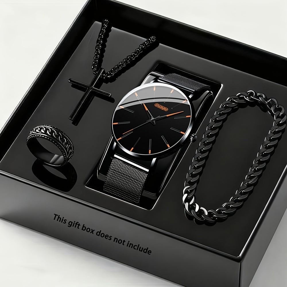 Luxury Watch Set for Men 4pcs Quartz Analog Watch Bracelet Necklace Gift Box Set Business Casual Formal Occasion Fashion Accessories