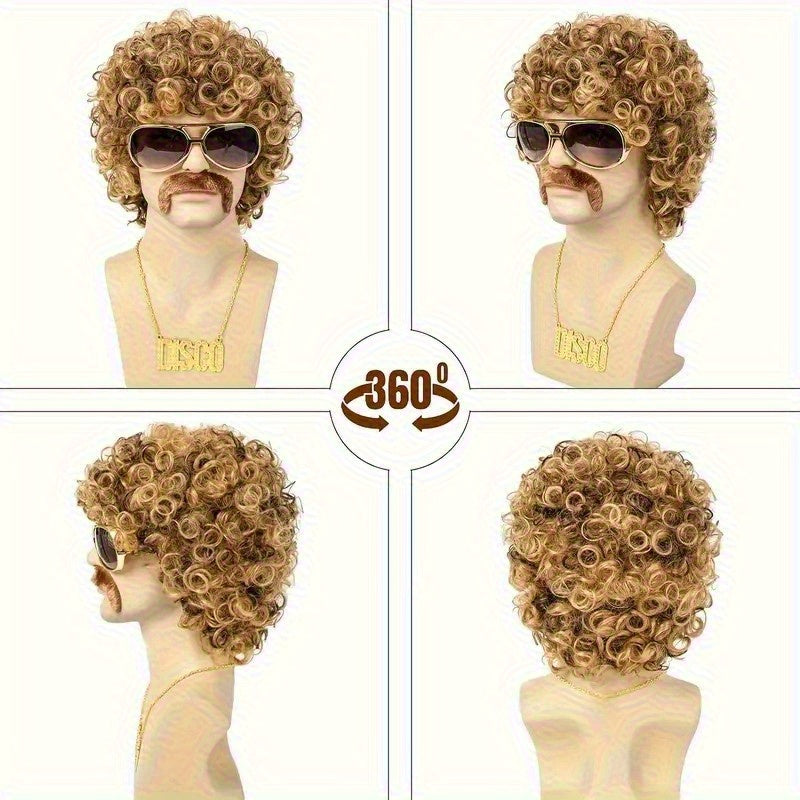 5pcs 70s Disco Party Wig & Complete Costume - Curly Short Black/Brown wigs with Cap, Glasses, Beard & Necklace Suitable for Role-Play, Halloween Costumes, Themed Parties - Men's Vintage Hair for 70s
