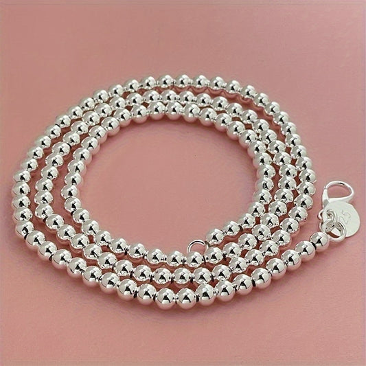 [Elegant Silver Necklace] 1pc Elegant 925 Sterling Silver Beaded Necklace, Adjustable 16-20 Inches, Chic Round Bead Chain, Fashionable Jewelry Accessory