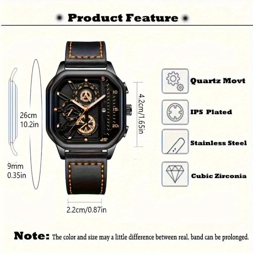 Square Watch for Men Vintage Faux Leather Strap Quartz Analog Wristwatch Polygon Dial Business Casual Sport Watch Father's Day Gift Set 1pc or 4pcs
