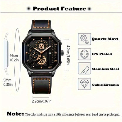 Square Watch for Men Vintage Faux Leather Strap Quartz Analog Wristwatch Polygon Dial Business Casual Sport Watch Father's Day Gift Set 1pc or 4pcs