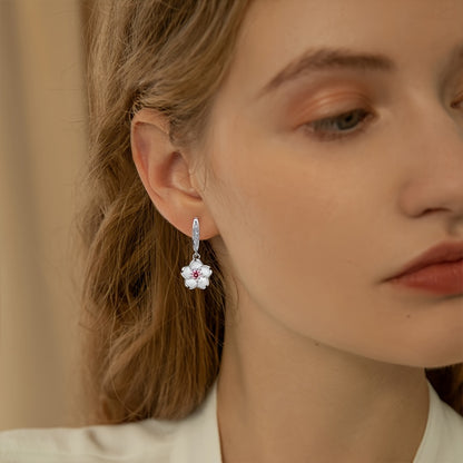 Cherry Blossom Flower Earrings for Women - 925 Sterling Silver Pink Zirconia Peach Blossom Pendant Drop Earrings, Romantic Floral Dangle Earrings for Daily Wear & Special Occasions