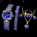 6pcs/Set Luxury Women's Watch And Fashion Jewelry Set, Elegant Blue Rhinestone Quartz Watch Fashion Timepiece Jewelry Set
