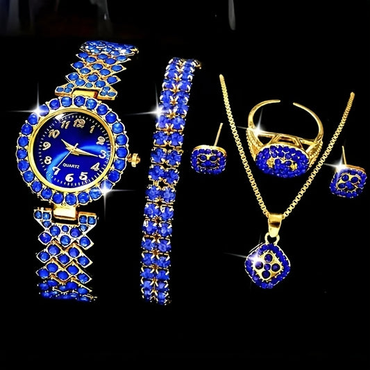 6pcs/Set Luxury Women's Watch And Fashion Jewelry Set, Elegant Blue Rhinestone Quartz Watch Fashion Timepiece Jewelry Set