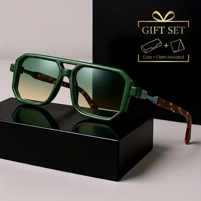 Retro Square Sunglasses UV400 Oversized Frame - Tortoiseshell Arms Unisex Fashion Shades Women Men Travel Beach Daily Wear with Case 6 Colors