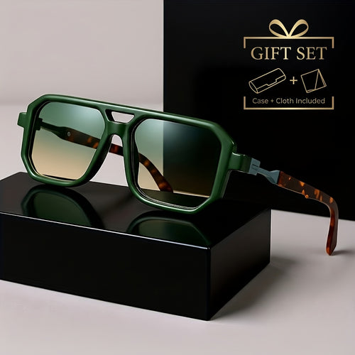 Retro Square Sunglasses UV400 Oversized Frame - Tortoiseshell Arms Unisex Fashion Shades Women Men Travel Beach Daily Wear with Case 6 Colors