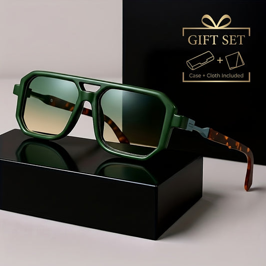 Retro Square Sunglasses UV400 Oversized Frame - Tortoiseshell Arms Unisex Fashion Shades Women Men Travel Beach Daily Wear with Case 6 Colors