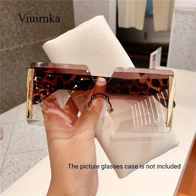 Oversized Frameless Glasses Women Gold Frame Retro Square Fashion Eyewear with Case Lightweight Unisex Events Halloween Christmas Gift Golden Tea Blue Purple Pink