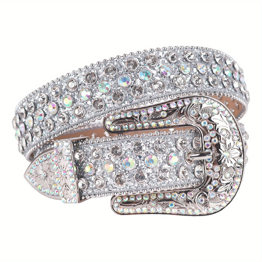 Silvery Sparkle Rhinestone Belts Women'S Luxury Bling Bling Carved Buckle Belt Punk Cowgirl Cowboy Crystal Studded Belts for Jeans