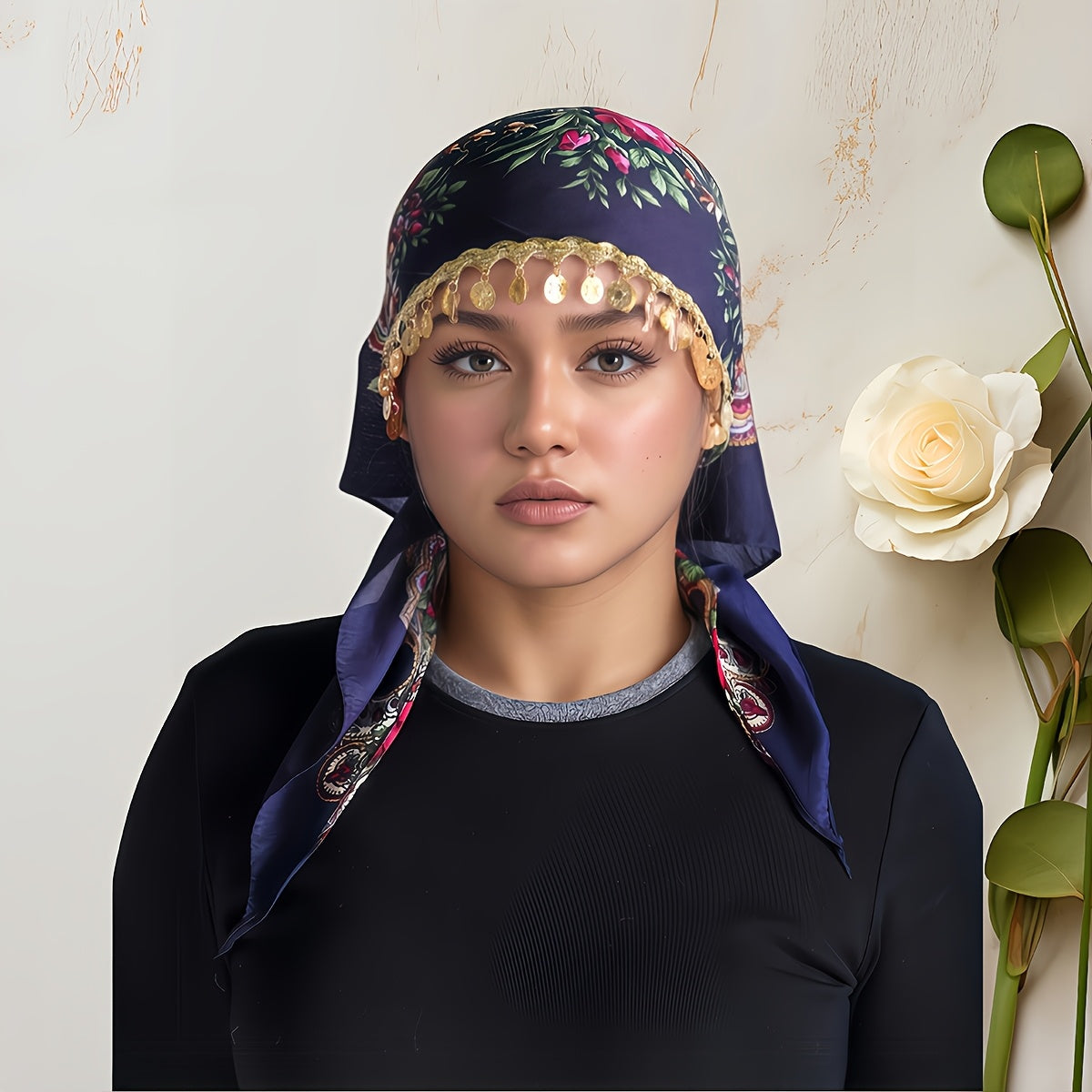 Elegant Golden Chain Headscarf - Breathable Lightweight 100% Polyester Shawl with Intricate Floral Print, Adjustable Closure for Ramadan & Special Occasions, Multi-Color Traditional Headgear