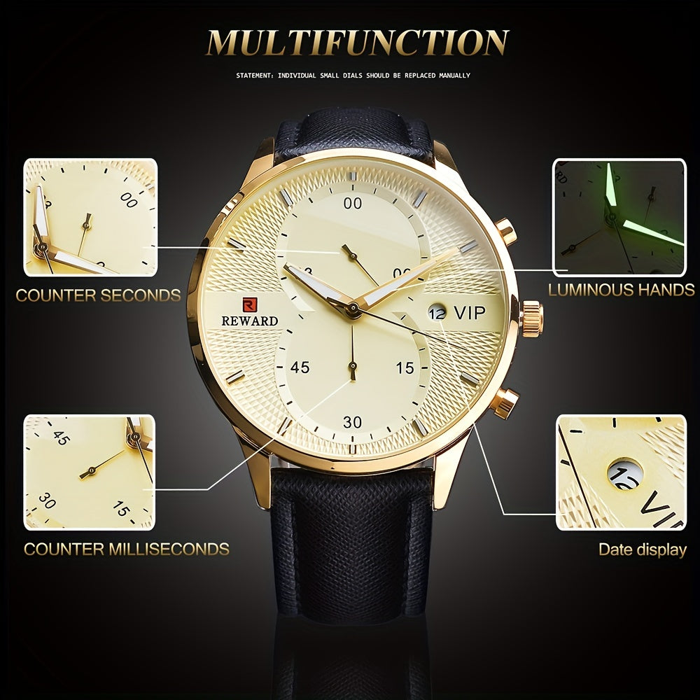 Men's Quartz Watch with PU Leather Strap, Date & Stopwatch — Gift Box Included | Golden & Blue