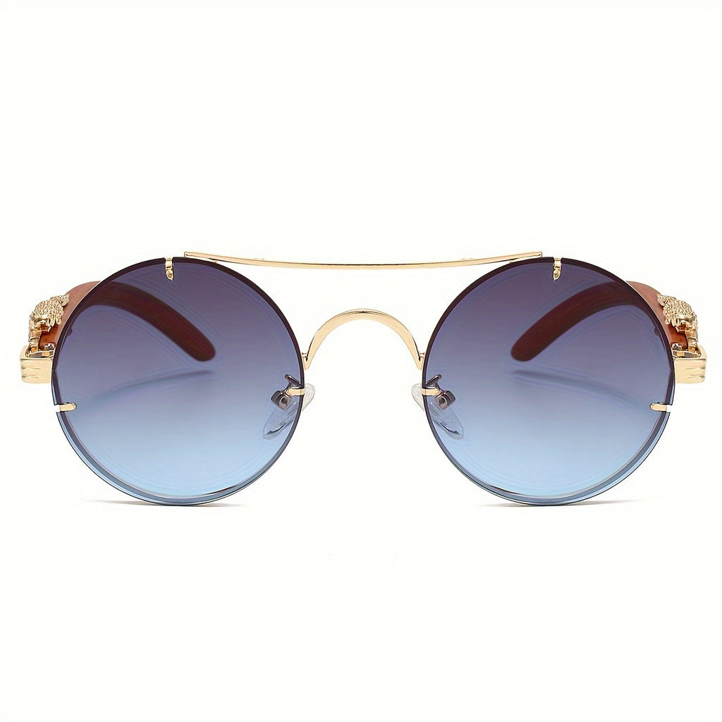 Fashionable Round Metal Frame Glasses with Gradient PC Lenses - Luxury Double Bridge Design, Leopard Detail Hinges, Stylish And Chic for Both Men And Women, Perfect for Vacation, Street Photography, And Includes Protection Case, As a Unique Gift