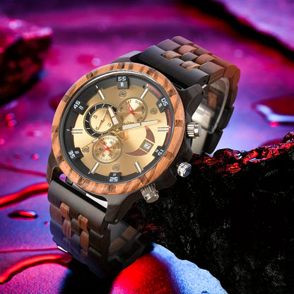 Men's Wooden Watch | Luxury Multifunctional Quartz Wristwatch with Week, Calendar & Timer Display, Natural Wood Fashion Watch for Men – Unique Gift