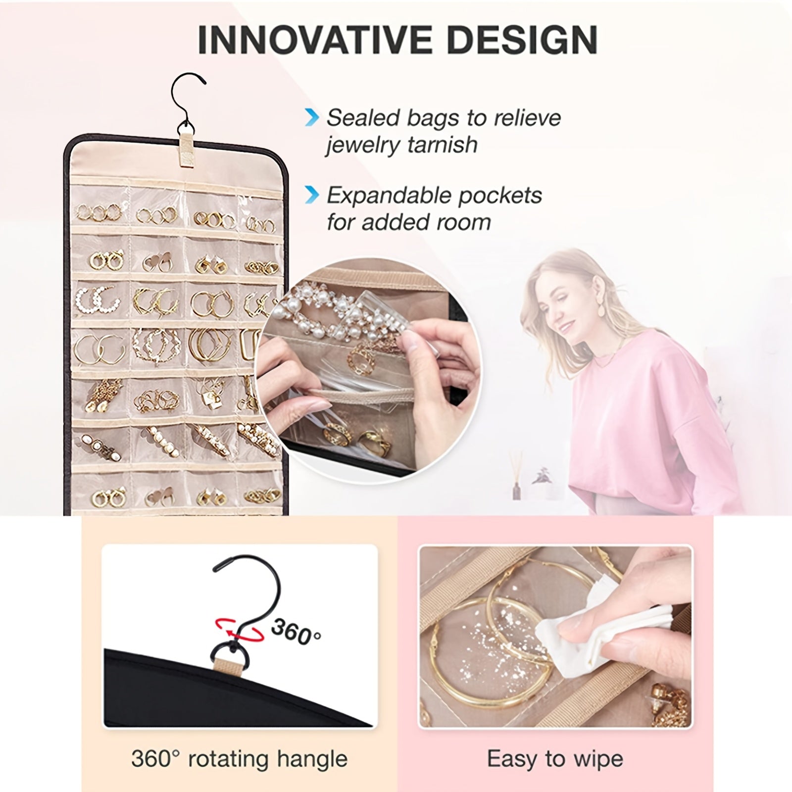 Dual-sided Hanging Jewelry Organizer with 360 Degree Rotating Hanger, for Earring Bracelet Ring Chain with Rotating Hanger