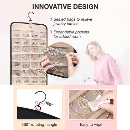 Hanging Jewelry Organizer Dual Sided 360 Degree Rotating Hanger for Earrings Bracelets Rings Necklaces Chains Wall Door Closet Storage Holder
