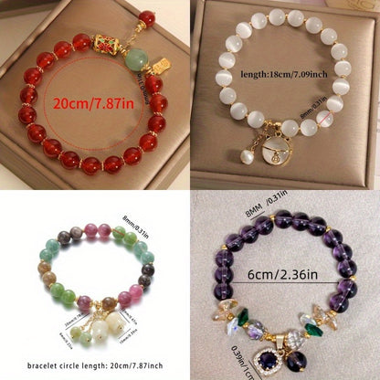 Amethyst Bead Bracelet Set 4 Pieces – Natural Stone Boho Bracelets with CZ Cat Pendant, Lucky Crystal Jewelry Gift for Women Men Couple & Best Friend
