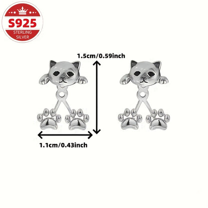 Cat Paw Dangle Earrings S925 Sterling Silver Cute Creative Design Hypoallergenic Women Girls Daily Wear Christmas Gift Jewelry