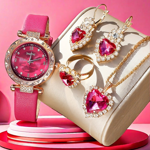 5-Piece Rose Red Quartz Watch & Jewelry Set — Rhinestone Necklace, Earrings, Ring & Round Dial Wristwatch, Elegant Gift Set for Women, Birthday & Holiday