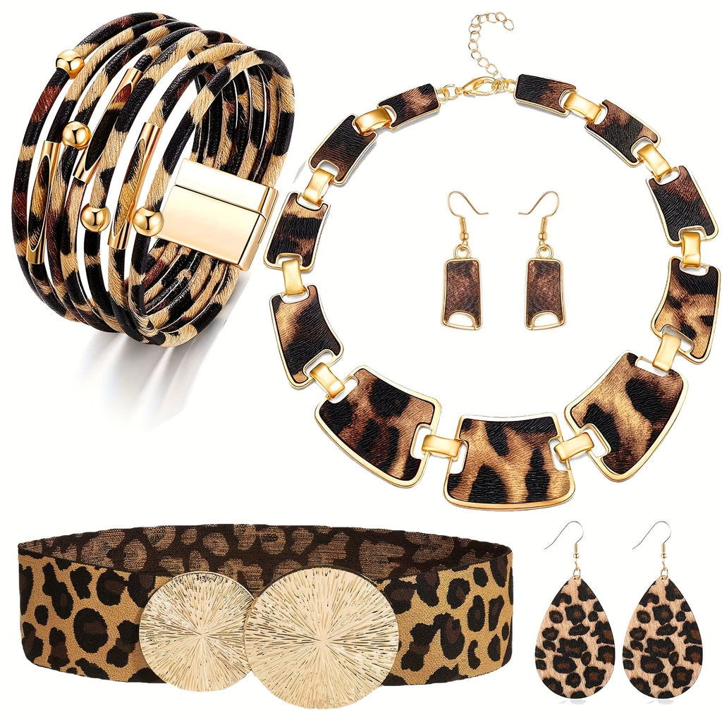 7/ Pcs Set Bohemian Style Leopard Print Jewelry Sets - Plastic Fashion Accessories Including  Necklaces, Earrings, Bracelets, and Handbags - Suitable for Daily and Vacation Wear