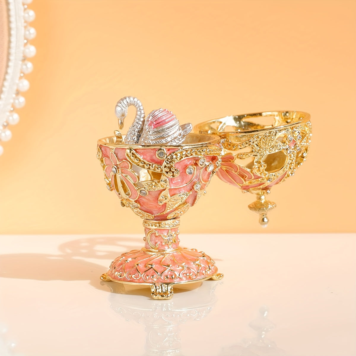 Jewelry Box Faberge-Style Enamel Pink – Vintage Metal Trinket Organizer for Rings & Small Jewelry, Decorative Home Decor Gift Box for Women