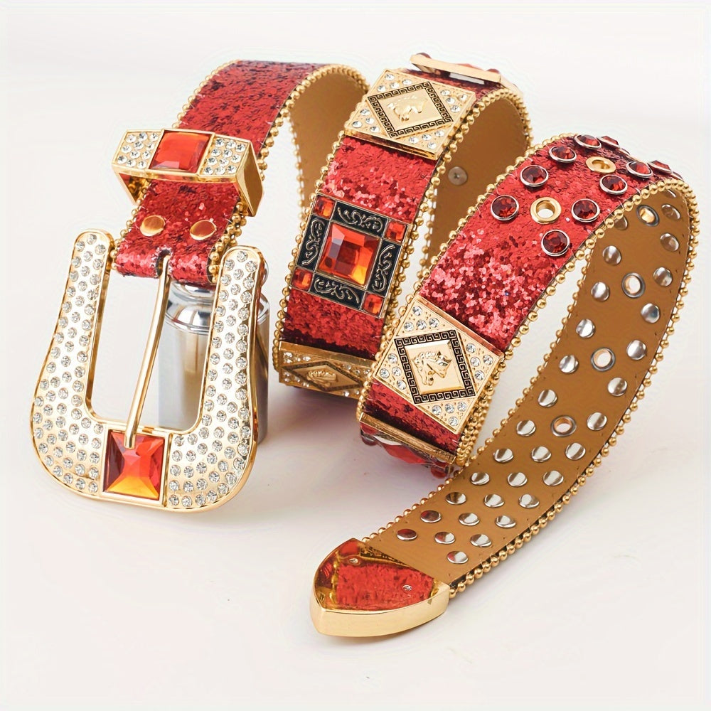1pc European And American Style Punk Belt with Inlaid Rhinestones, Rock And Roll Fashion Belt for Women