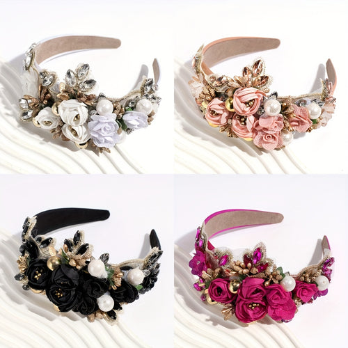 Rhinestone Pearl Headband for Women - Elegant Baroque Floral Fabric Hair Band for Wedding Bridal Bridesmaid Valentine's Day Party Prom Hair Accessories in Black White Pink Rose Red