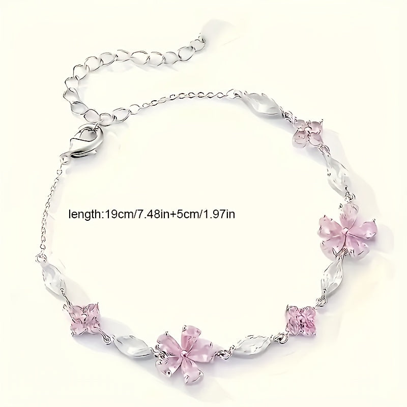 1 Women's S925 Silver Pink Cherry Blossom Bracelet, Fashionable, Cute, Exquisite Square Synthetic Synthetic Zirconia Petal Cherry Blossom Bracelet Adjustable