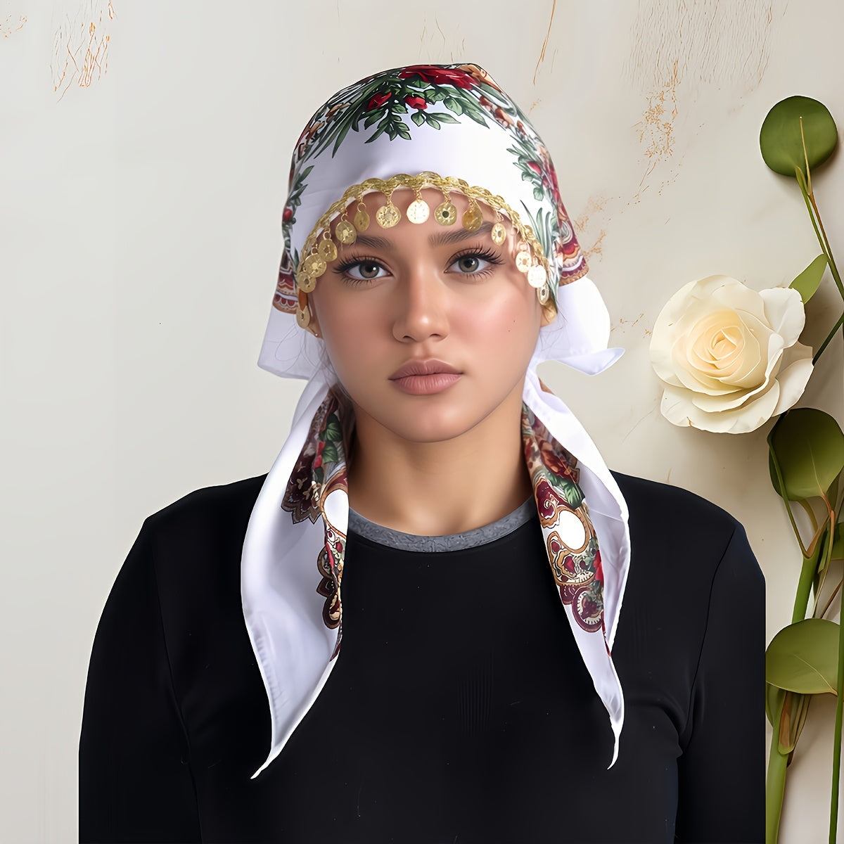 Elegant Golden Chain Headscarf - Breathable Lightweight 100% Polyester Shawl with Intricate Floral Print, Adjustable Closure for Ramadan & Special Occasions, Multi-Color Traditional Headgear