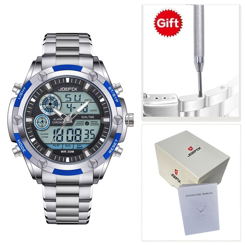 JOEFOX Men's Digital Sport Watch Large Display LED Backlight Stainless Steel Band 3ATM Waterproof Chronograph Alarm Wristwatch Black Blue