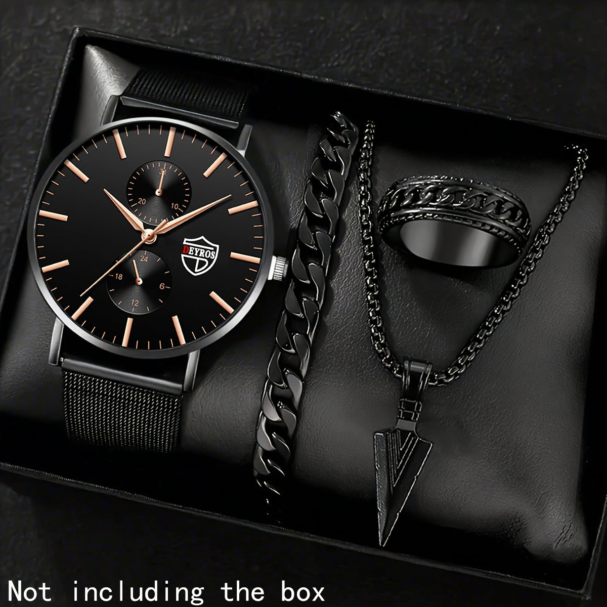 4pcs Men's Watch + Triangle Spearhead Necklace Set, Casual Business Quartz Men Watches, Fashion Accessories, Suitable for Any Occasion, Gifts for Men